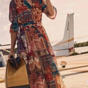 Chico’s Tapestry Print Tiered Ruffled Shirt Dress 1.5 M Floral Whimsical Boho